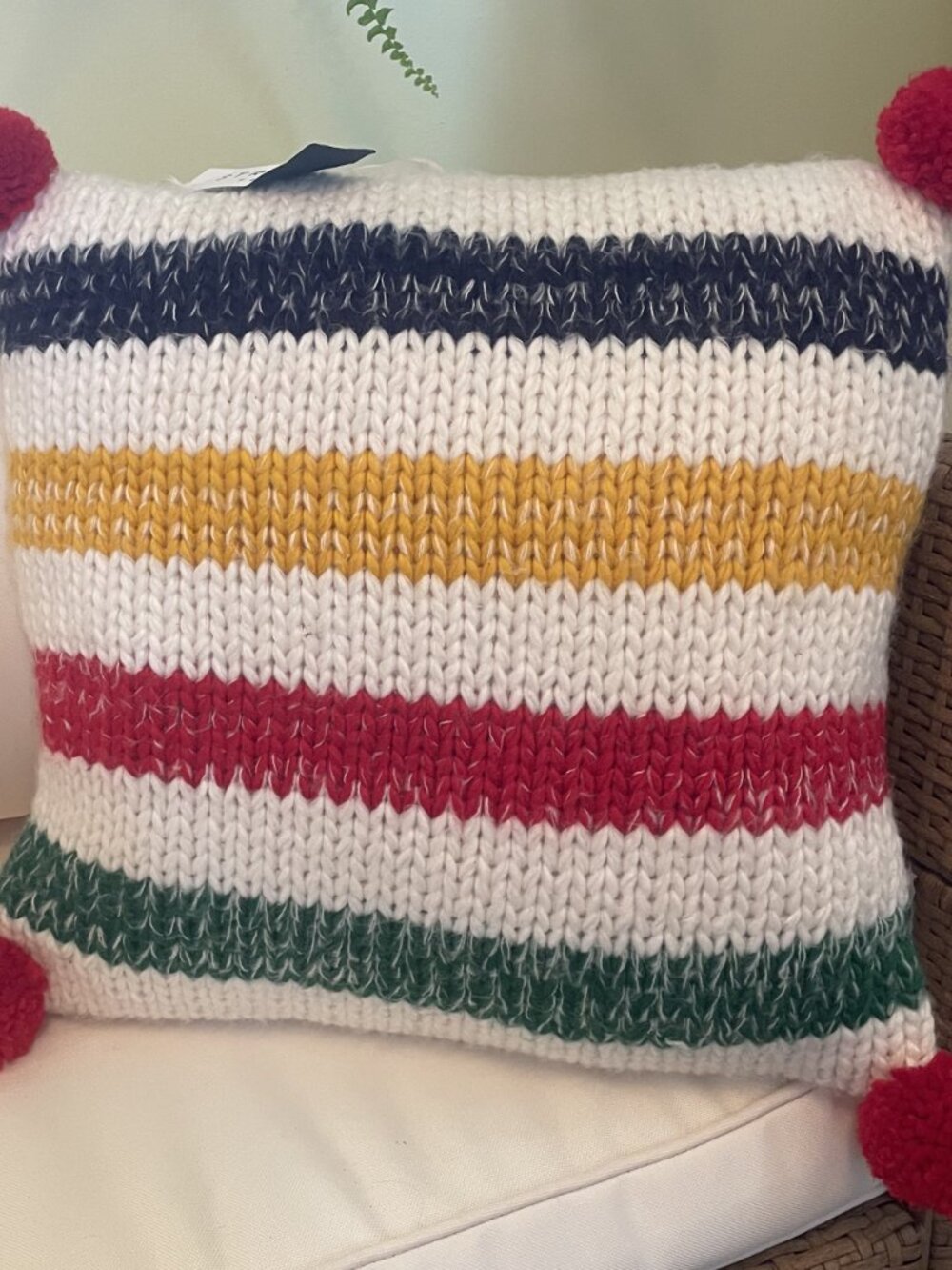 NWT HBC Stripes Chunky Knit Throw Pillow with Pom Poms | Hudson's Bay - Picture 2 of 6